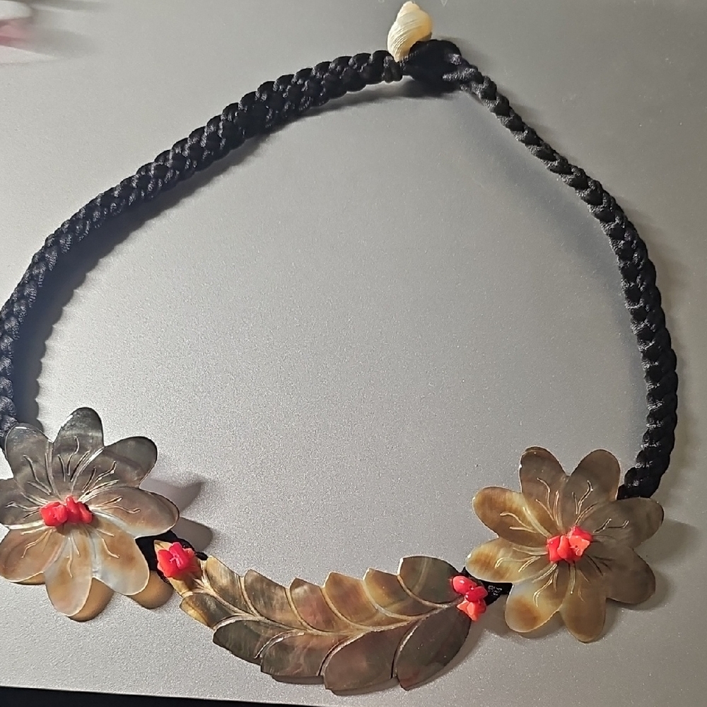 Floral Shell Necklace with Black Cord